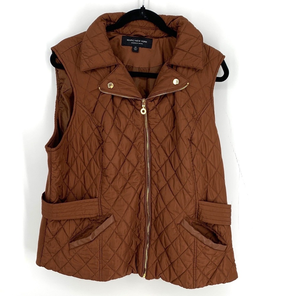 Marc New York 2X Brown Quilted Puffer Vest Gold Hardware Utility